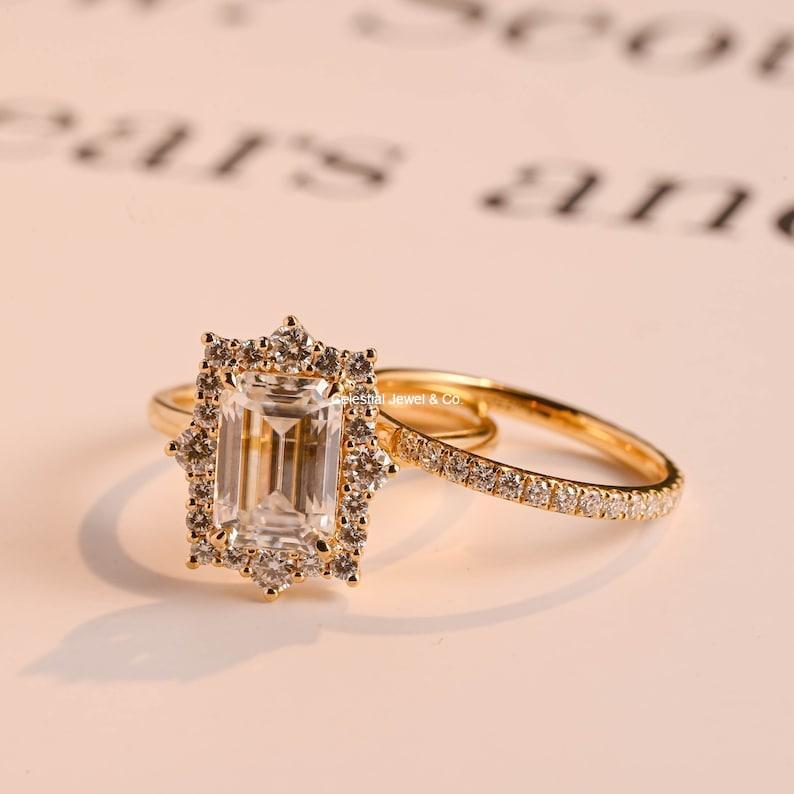 Floral Emerald Cut Wedding Band Set – Celestial Jewel